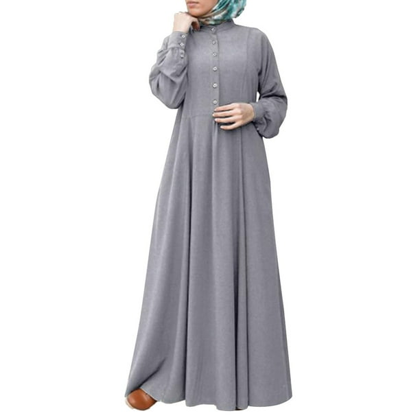 Women Muslim Abaya Kaftan Long Sleeve Crew Neck Blouson Casual Maxi Shirt Dress